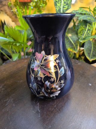 Jarrón porcelana negro flores multicolor