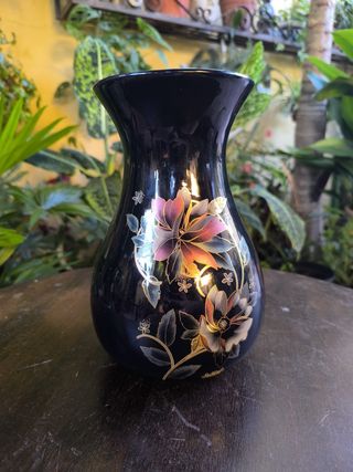 Jarrón porcelana negro flores multicolor
