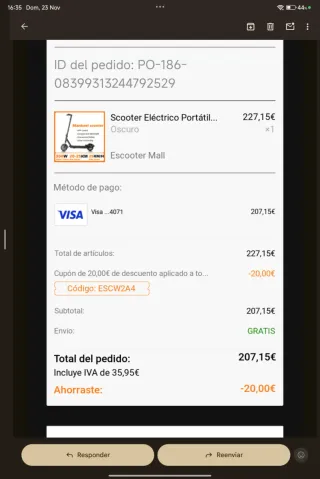 Patinete Eléctrico Plegable. Costó 207,15€