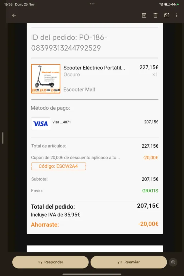 Patinete Eléctrico Plegable. Costó 207,15€