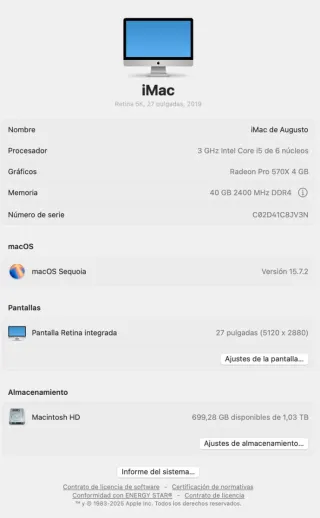 iMac 27 2019 Intel Core i5 40GB RAM