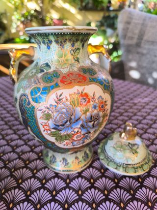 Jarrón Chino Porcelana Verde y Dorado