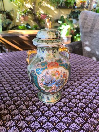 Jarrón Chino Porcelana Verde y Dorado