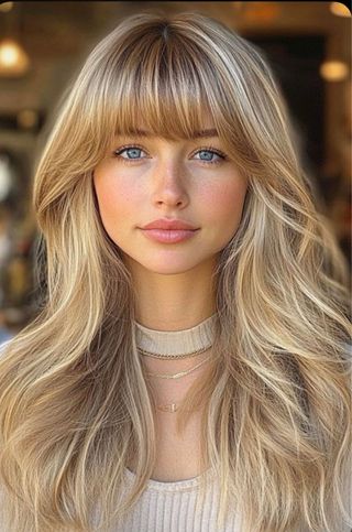 Vistosa Peluca rubia con flequillo y reflejos