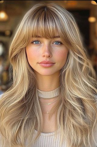 Vistosa Peluca rubia con flequillo y reflejos