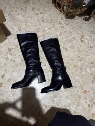 Botas Zara Piel Tacón Medio Negras