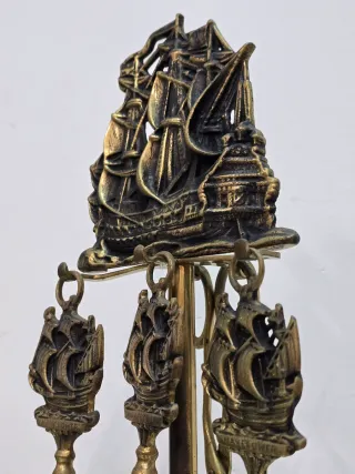 Juego Herramientas Chimenea Bronce Vintage Barco