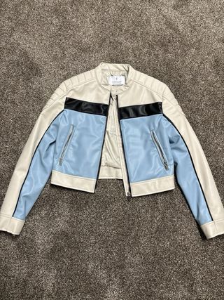 Chaqueta Biker Cuero Beige negro y Azul moto