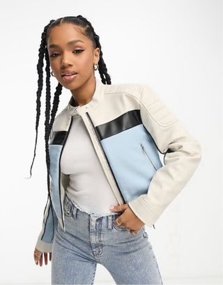 Chaqueta Biker Cuero Beige negro y Azul moto