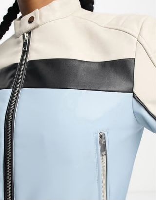 Chaqueta Biker Cuero Beige negro y Azul moto