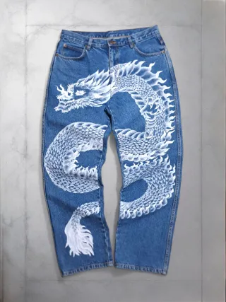 Jeans Y2K Custom Dragon Bianco