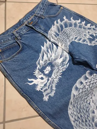 Jeans Y2K Custom Dragon Bianco