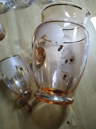 Brocca e 3 Bicchieri Vetro Decorati