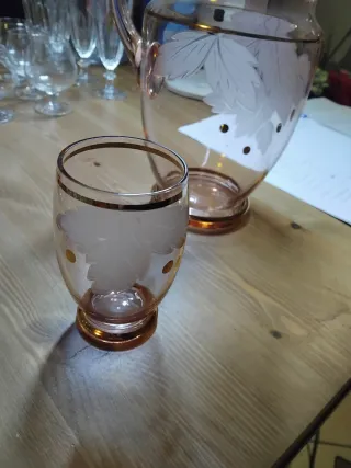 Brocca e 3 Bicchieri Vetro Decorati