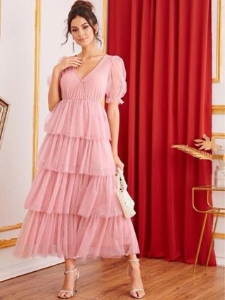 Vestido fiesta tul con brillo en rosa volantes