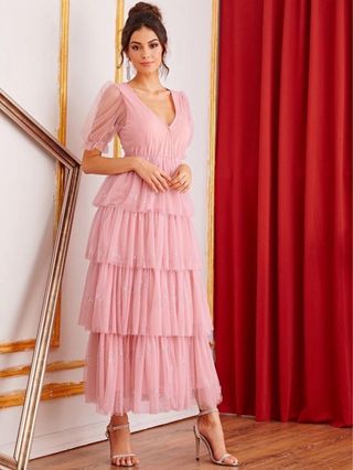 Vestido fiesta tul con brillo en rosa volantes