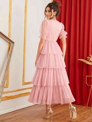 Vestido fiesta tul con brillo en rosa volantes