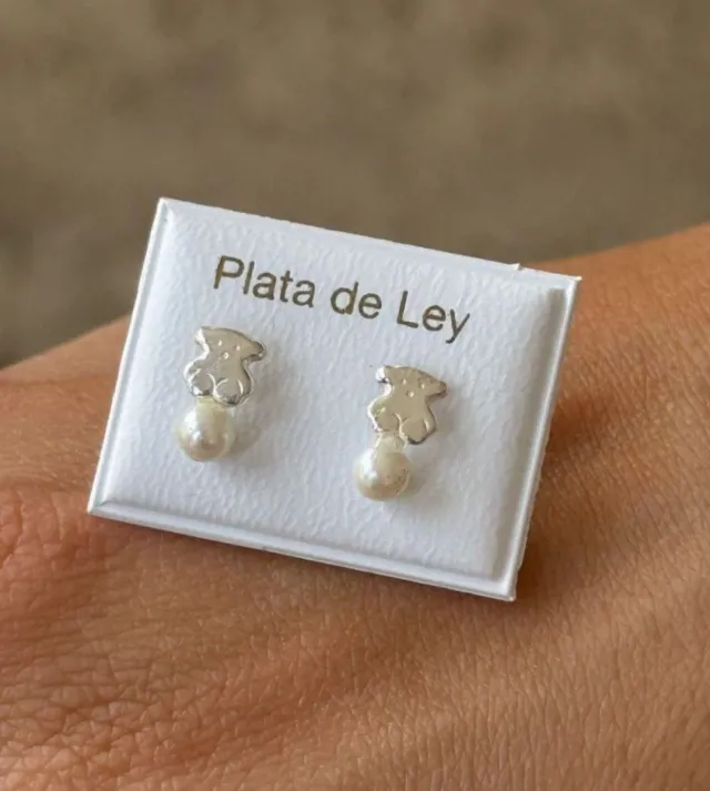 Pendientes Oso con Perla Plata