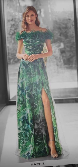 Vestido Marfil verde estampado hojas talla M