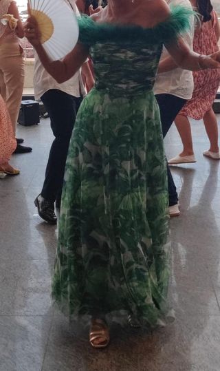 Vestido Marfil verde estampado hojas talla M