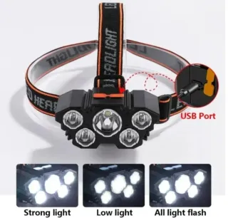 Linterna Frontal potente de 5 LED Recargable