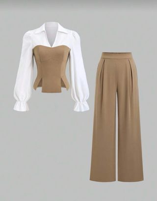 Conjunto Top Blanco y Pantalón Marrón