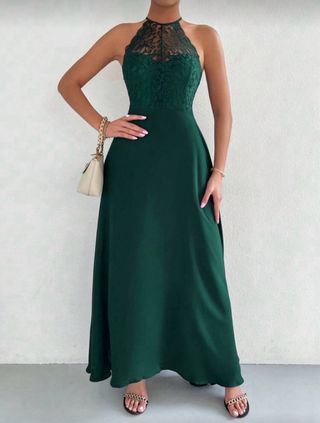 Vestido verde largo encaje halter