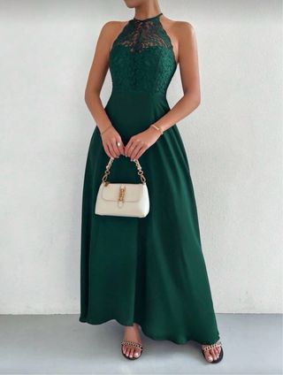 Vestido verde largo encaje halter
