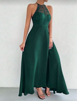 Vestido verde largo encaje halter