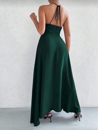 Vestido verde largo encaje halter