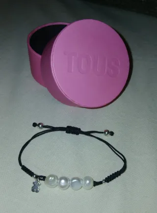 Pulsera Tous, de Cordón Negro, Plata, Perlas y oso