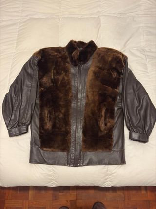 Chaqueta Bomber Piel y Peluche Marrón 90s