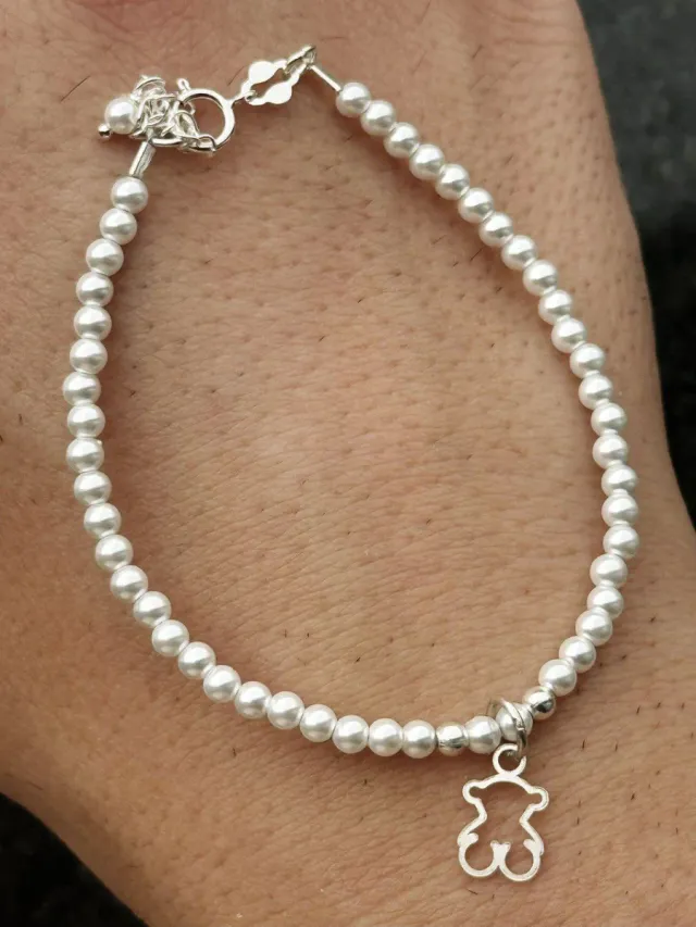 Pulsera perlas y oso plata
