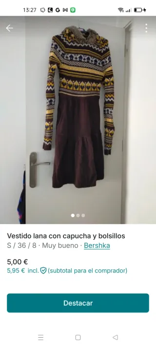 Vestido lana Bershka capucha y bolsillos S