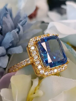 Anello Argento 925 Placcato Oro 18k Zircone Blu