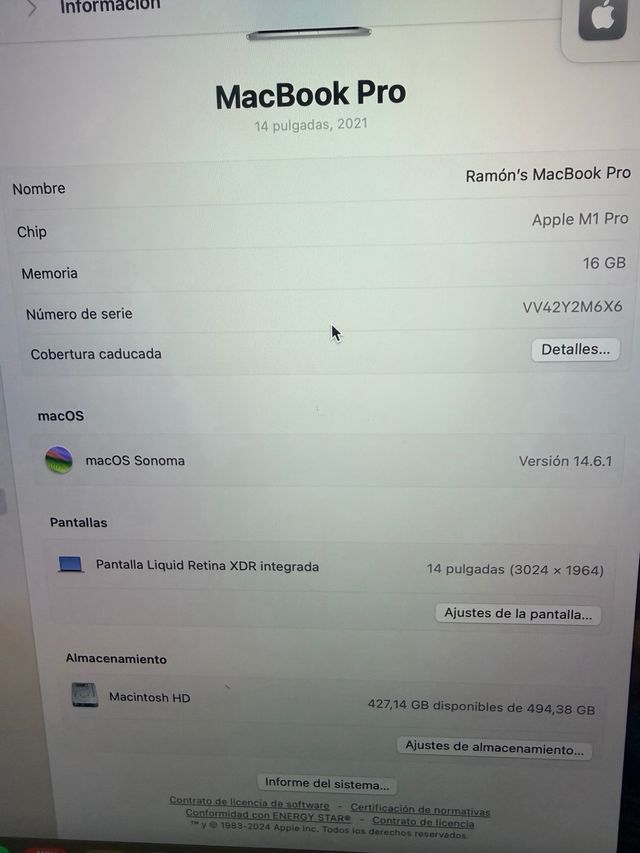 MacBook Pro 14 M1 Pro 512GB SSD 16GB RAM Plata