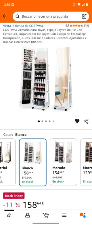 Joyero COSTWAY Pie Blanco Espejo LED