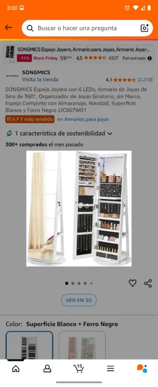 Joyero COSTWAY Pie Blanco Espejo LED