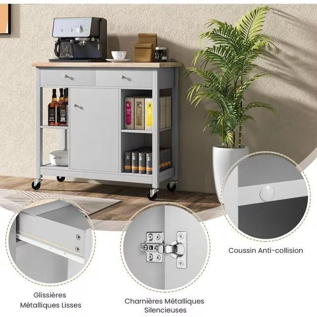 Carrello da cucina con scaffali aperti, cassetti e