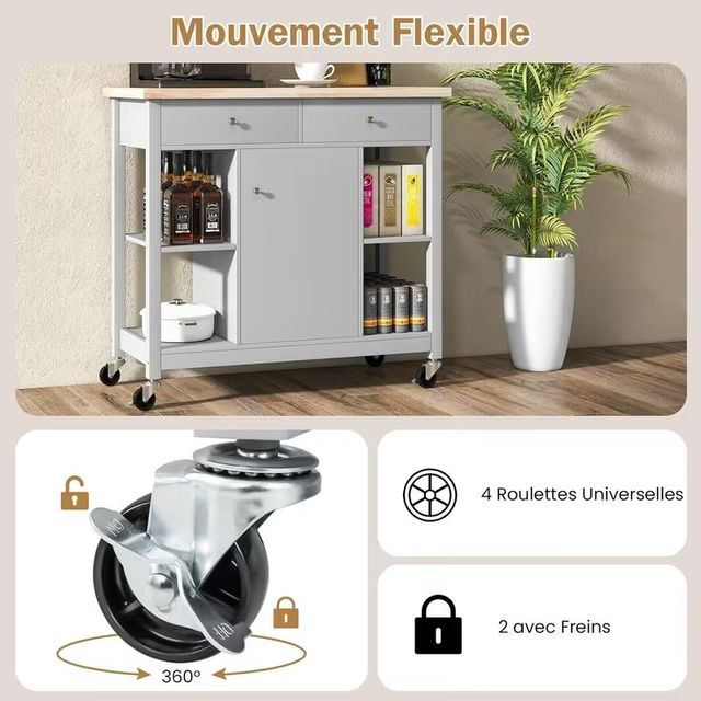 Carrello da cucina con scaffali aperti, cassetti e