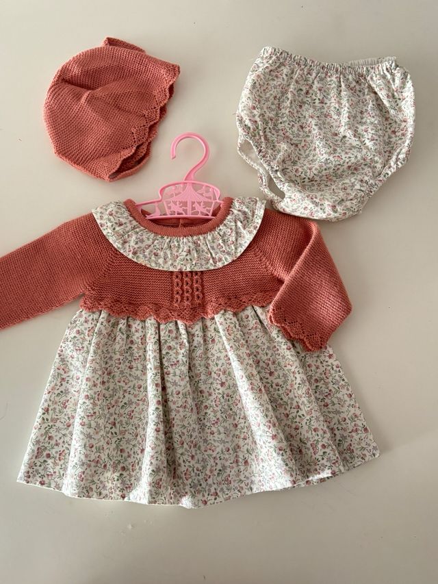 Conjunto vestido, braguita y gorro niña