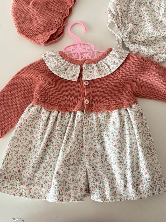Conjunto vestido, braguita y gorro niña