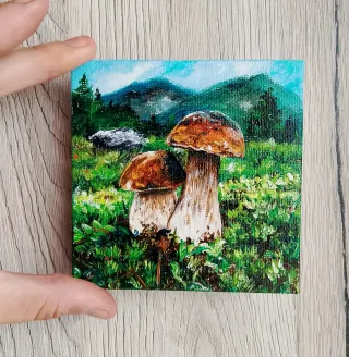 Mini tela dipinta a mano con funghi, con supporto
