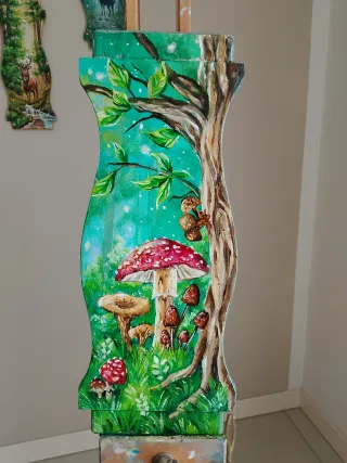 Dipinto su legno: bosco incantato con funghi