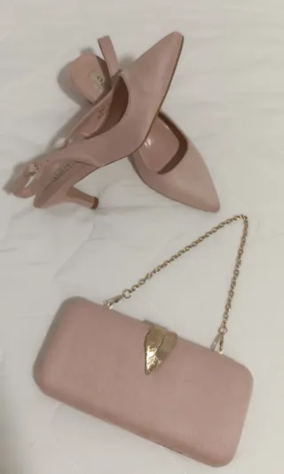 Conjunto Zapatos y Cartera Terciopelo Rosa Núm-38