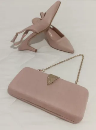 Conjunto Zapatos y Cartera Terciopelo Rosa Núm-38
