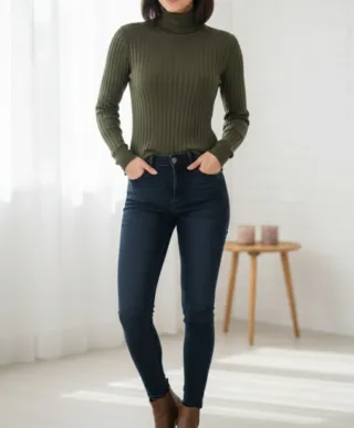 Jersey Zara Canalé Cuello Alto Verde Militar