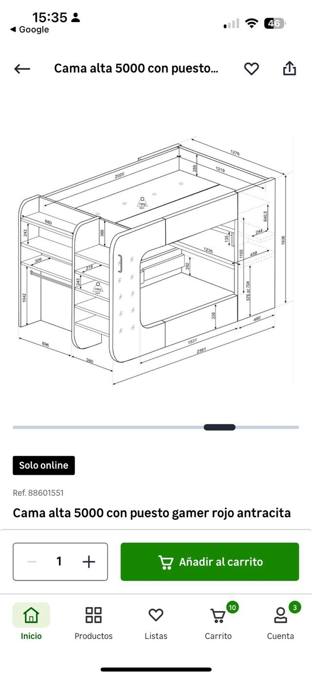 Cama alta 5000 con puesto gamer