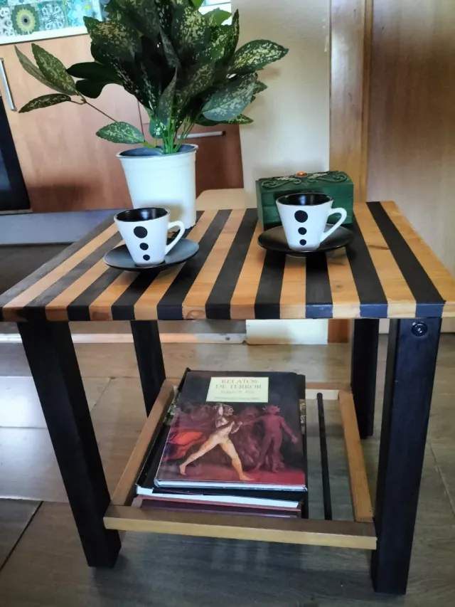 Mesa Auxiliar Madera Maciza de Pino Negra y Marrón