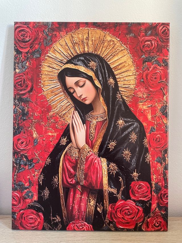 Cuadro Virgen María con Rosas Rojas 30x40cm